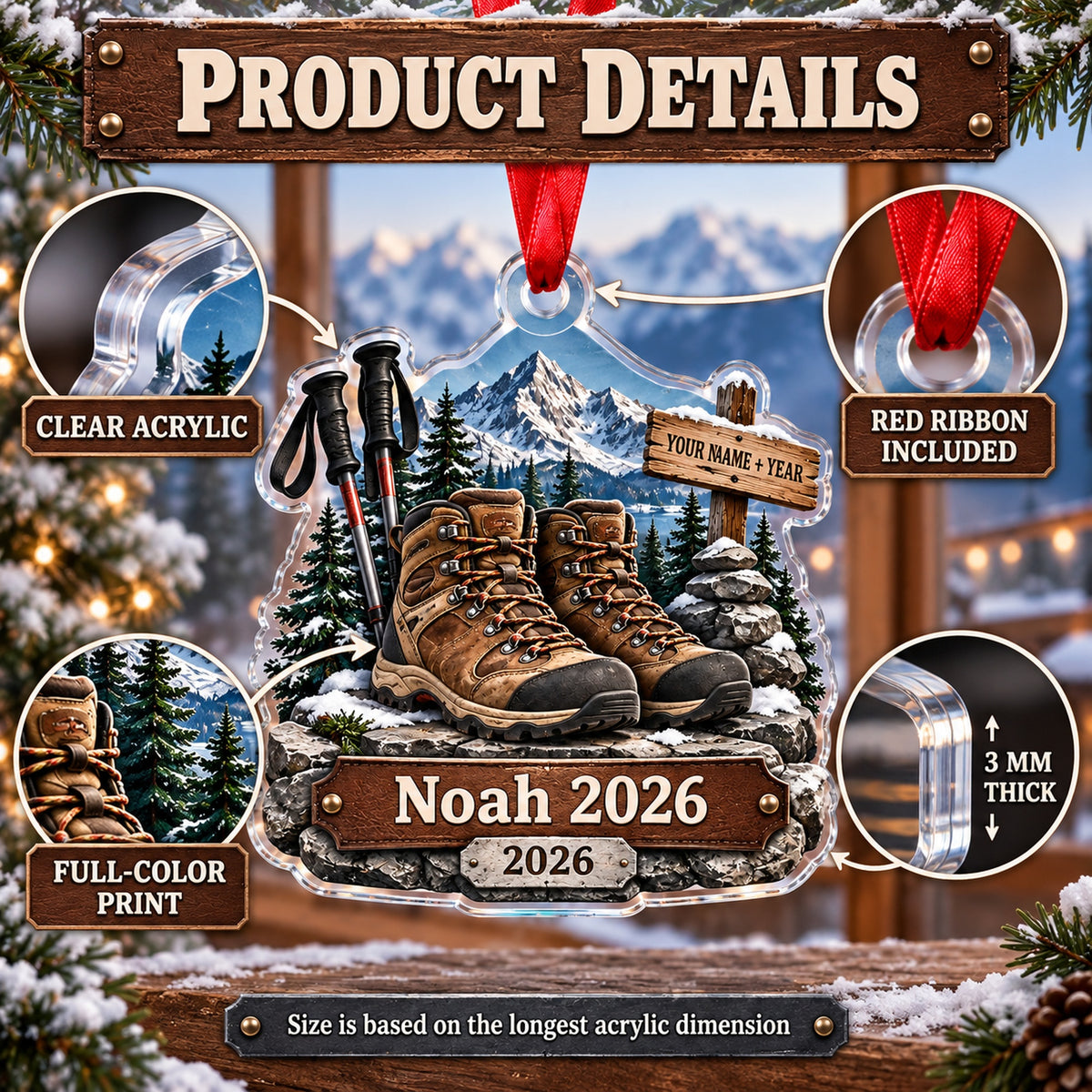 Personalized Summit Boots and Poles Acrylic Ornament — How to order