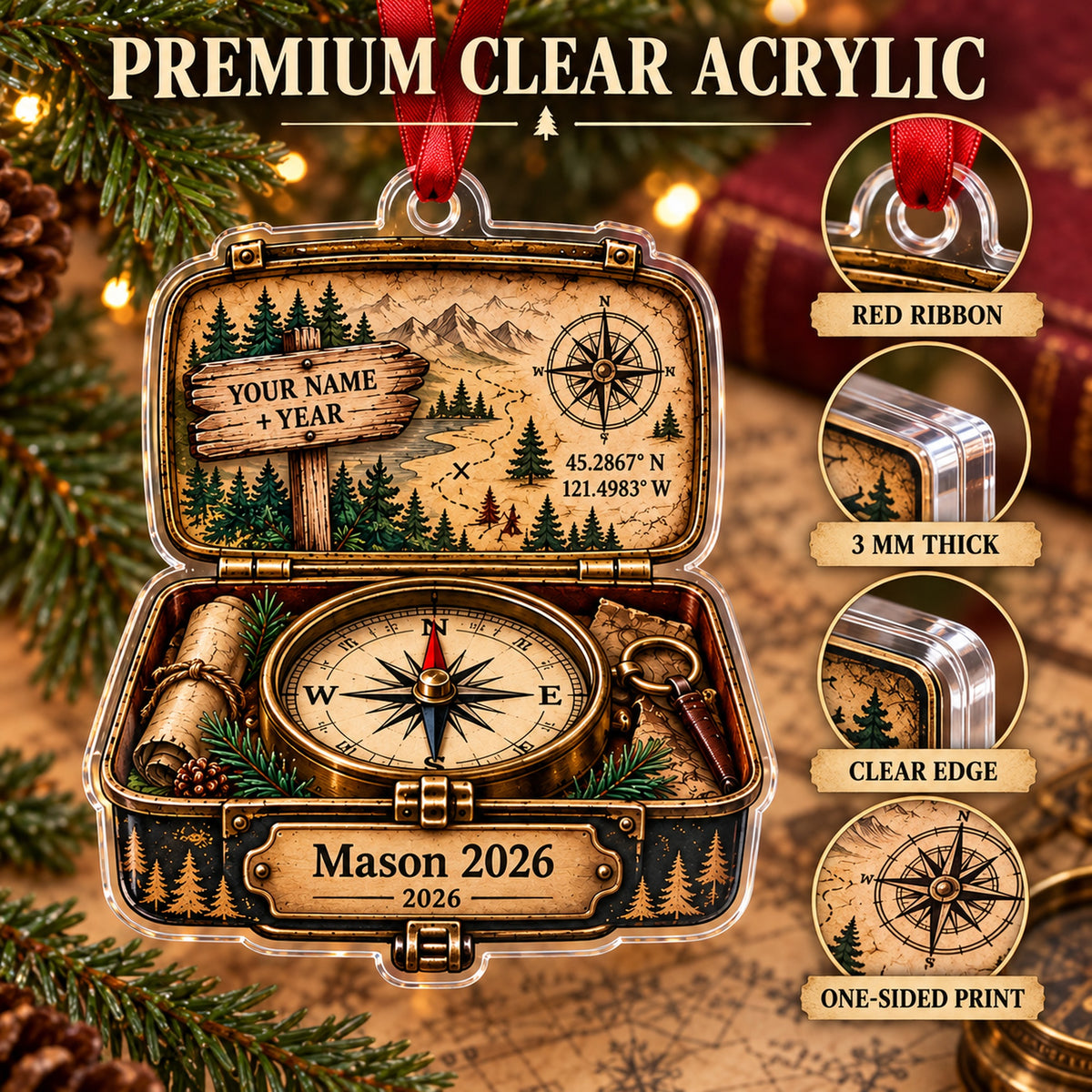 Personalized Trail Sign Compass Box Acrylic Ornament — Flat acrylic material