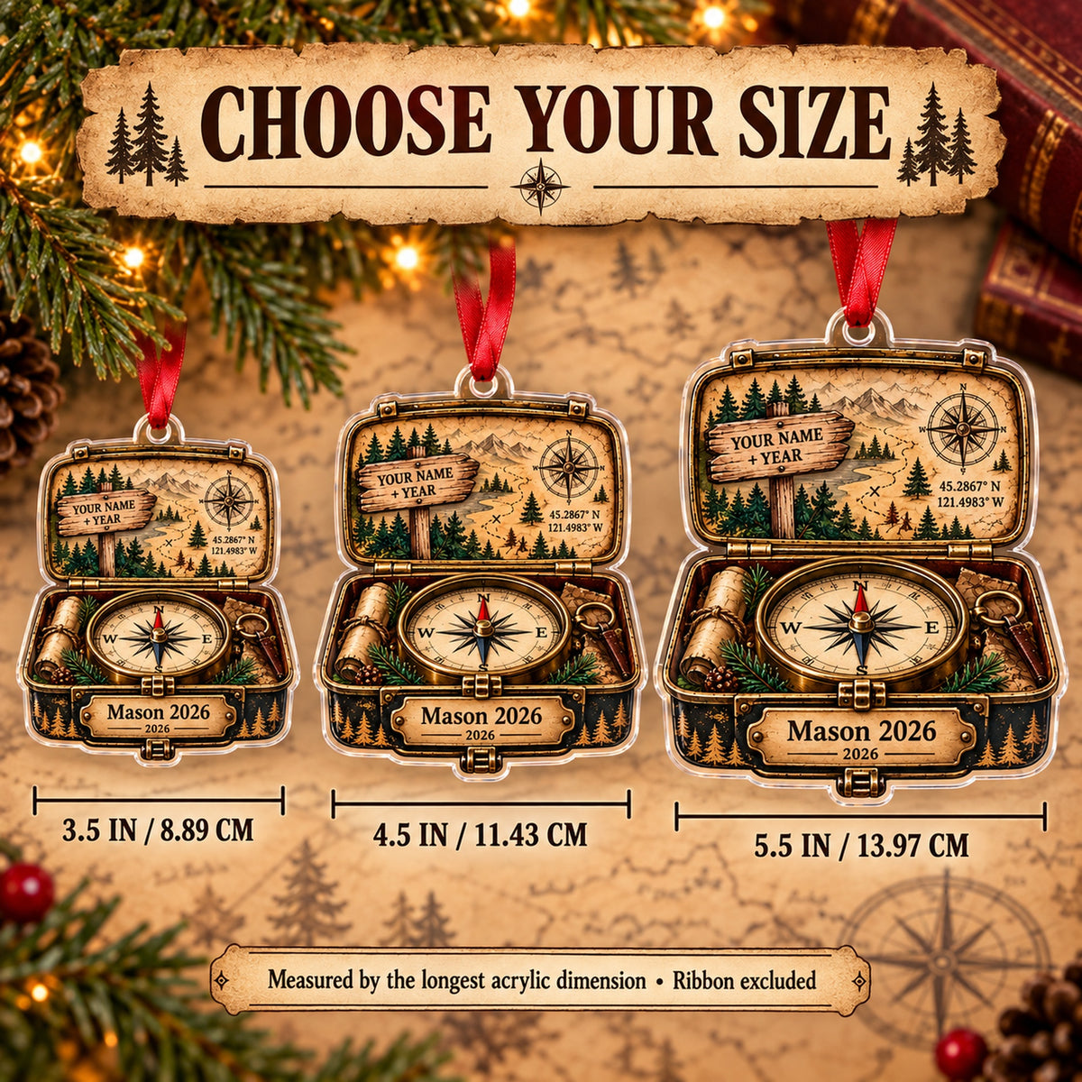 Personalized Trail Sign Compass Box Acrylic Ornament — Personalization example