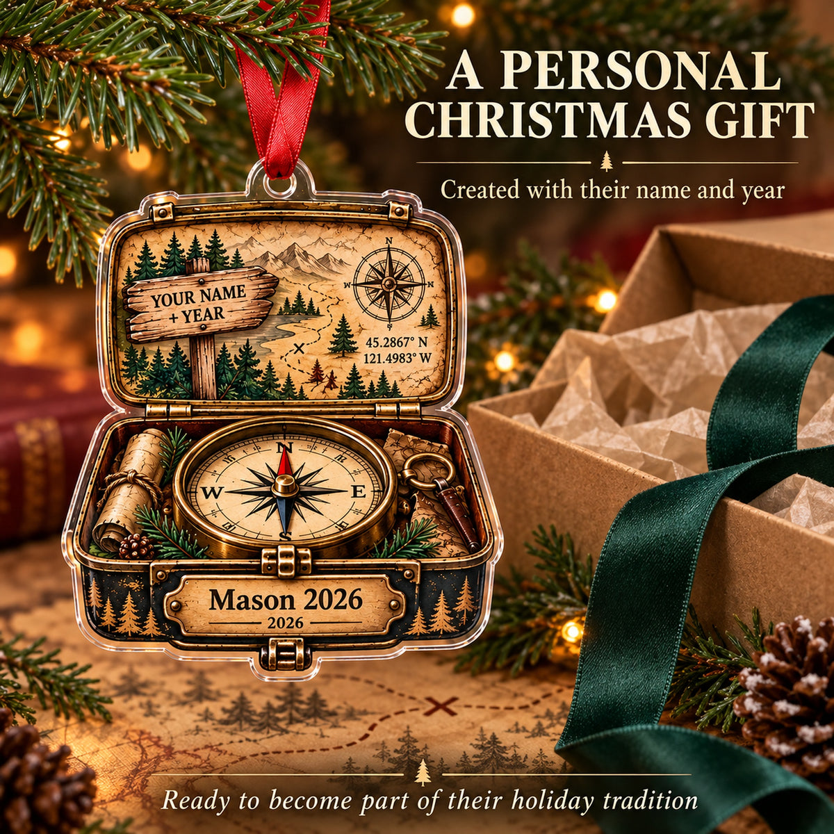 Personalized Trail Sign Compass Box Acrylic Ornament — Gift inspiration