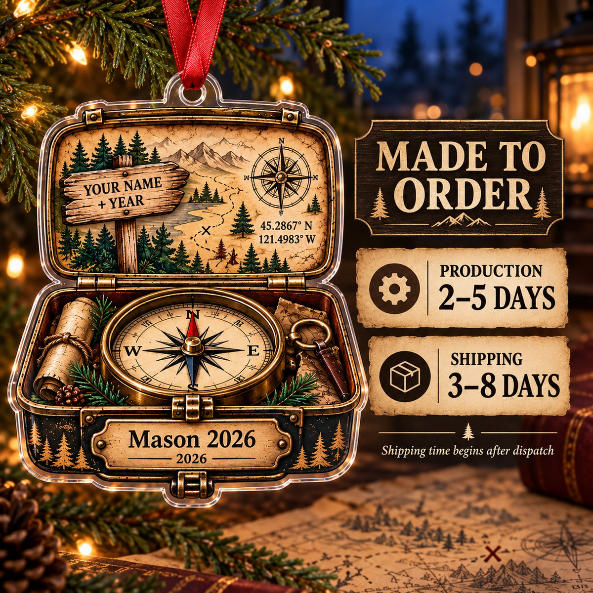 Personalized Trail Sign Compass Box Acrylic Ornament — Production and delivery