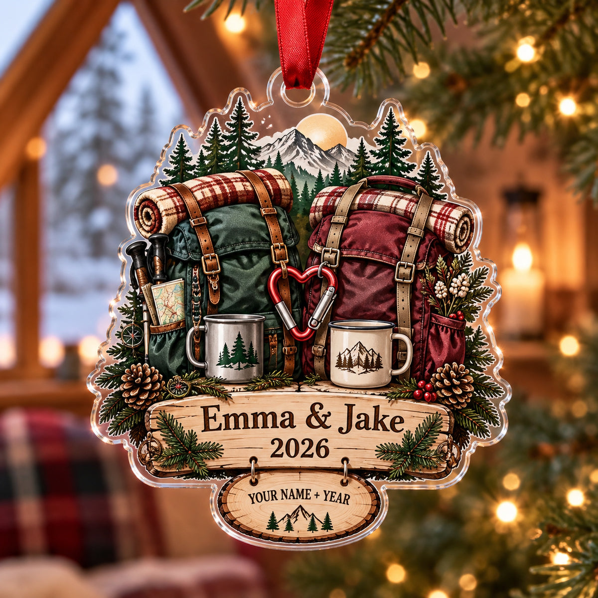 Personalized Hiking Couple Double Pack Acrylic Ornament — Main design
