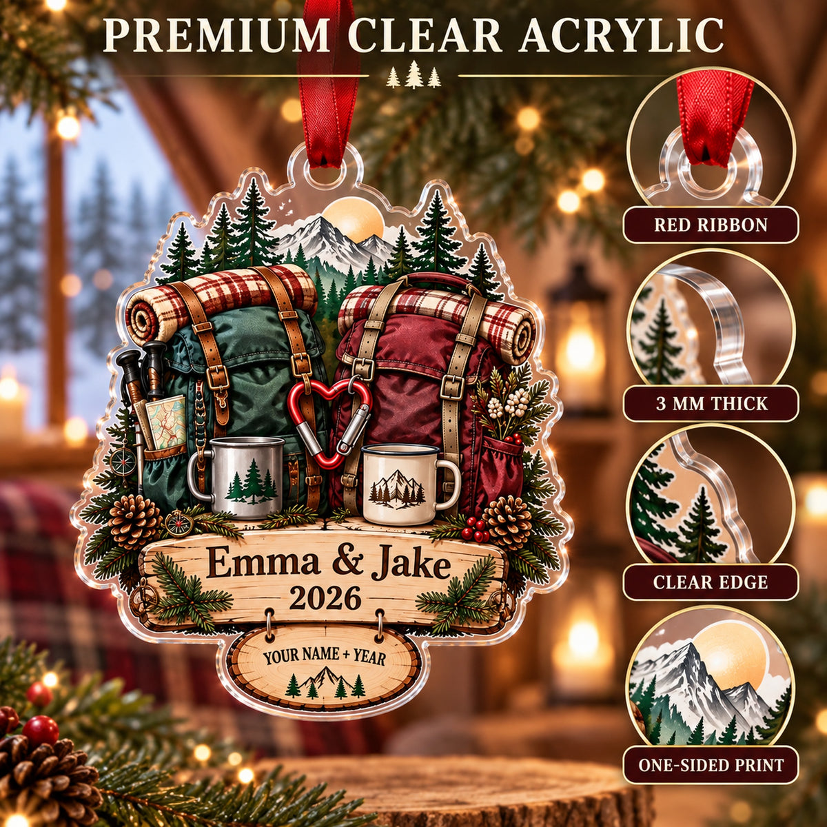 Personalized Hiking Couple Double Pack Acrylic Ornament — Flat acrylic material