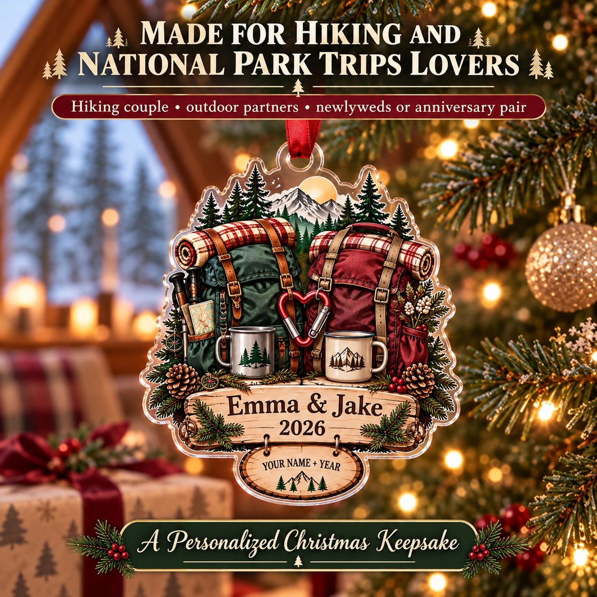 Personalized Hiking Couple Double Pack Acrylic Ornament — Size guide