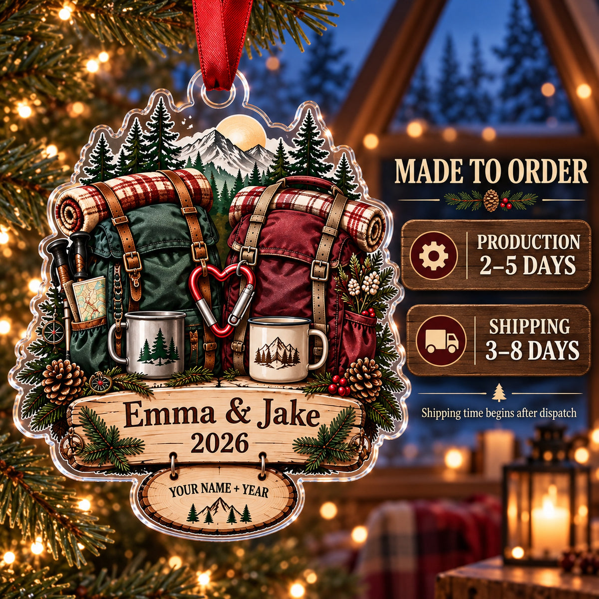 Personalized Hiking Couple Double Pack Acrylic Ornament — Production and delivery