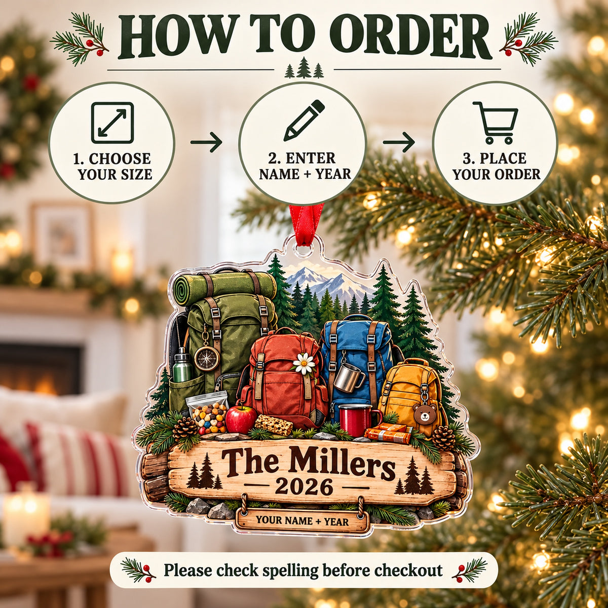 Personalized Family Trail Daypack Acrylic Ornament — Product details