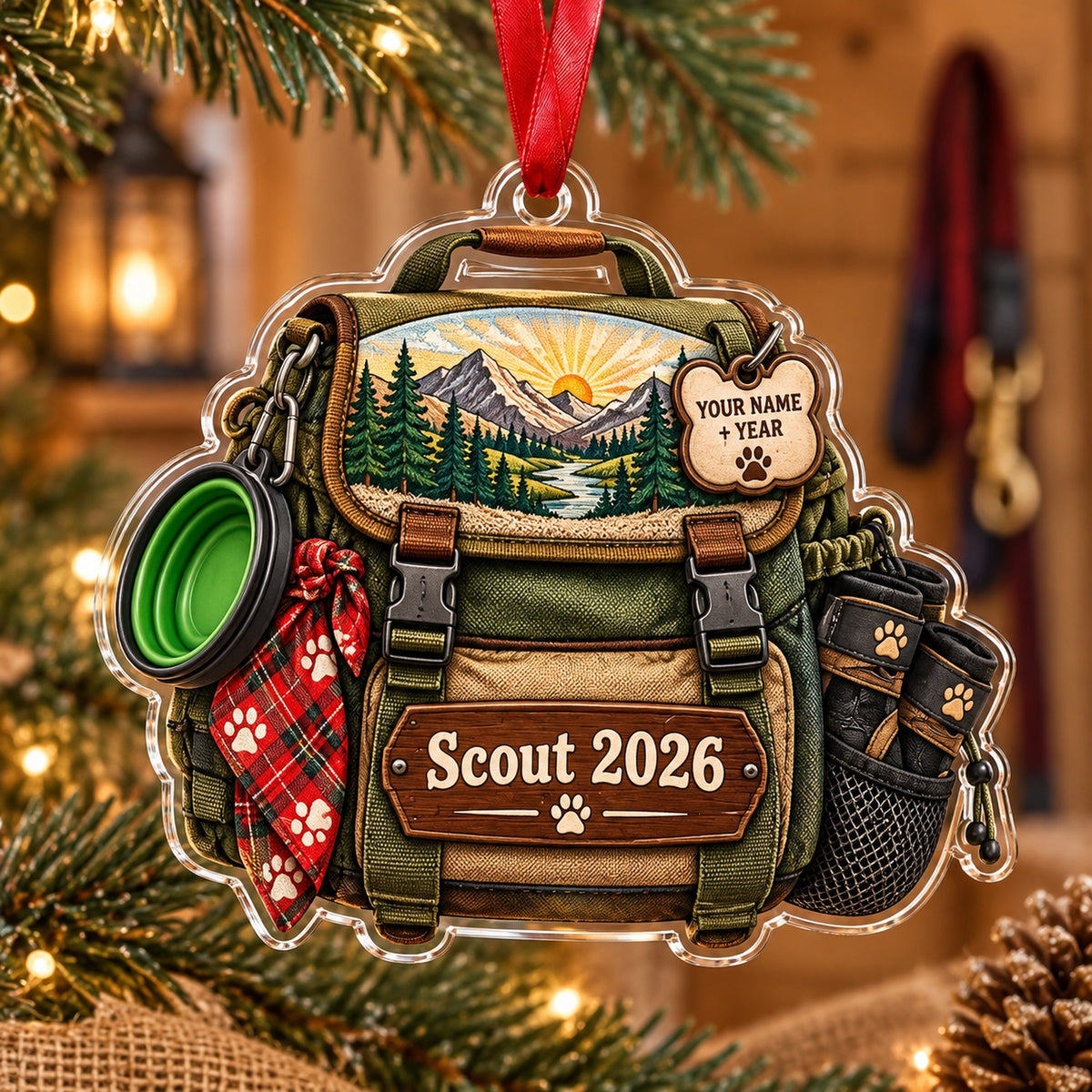 Personalized Hiking Dog Trail Pack Acrylic Ornament — Main design