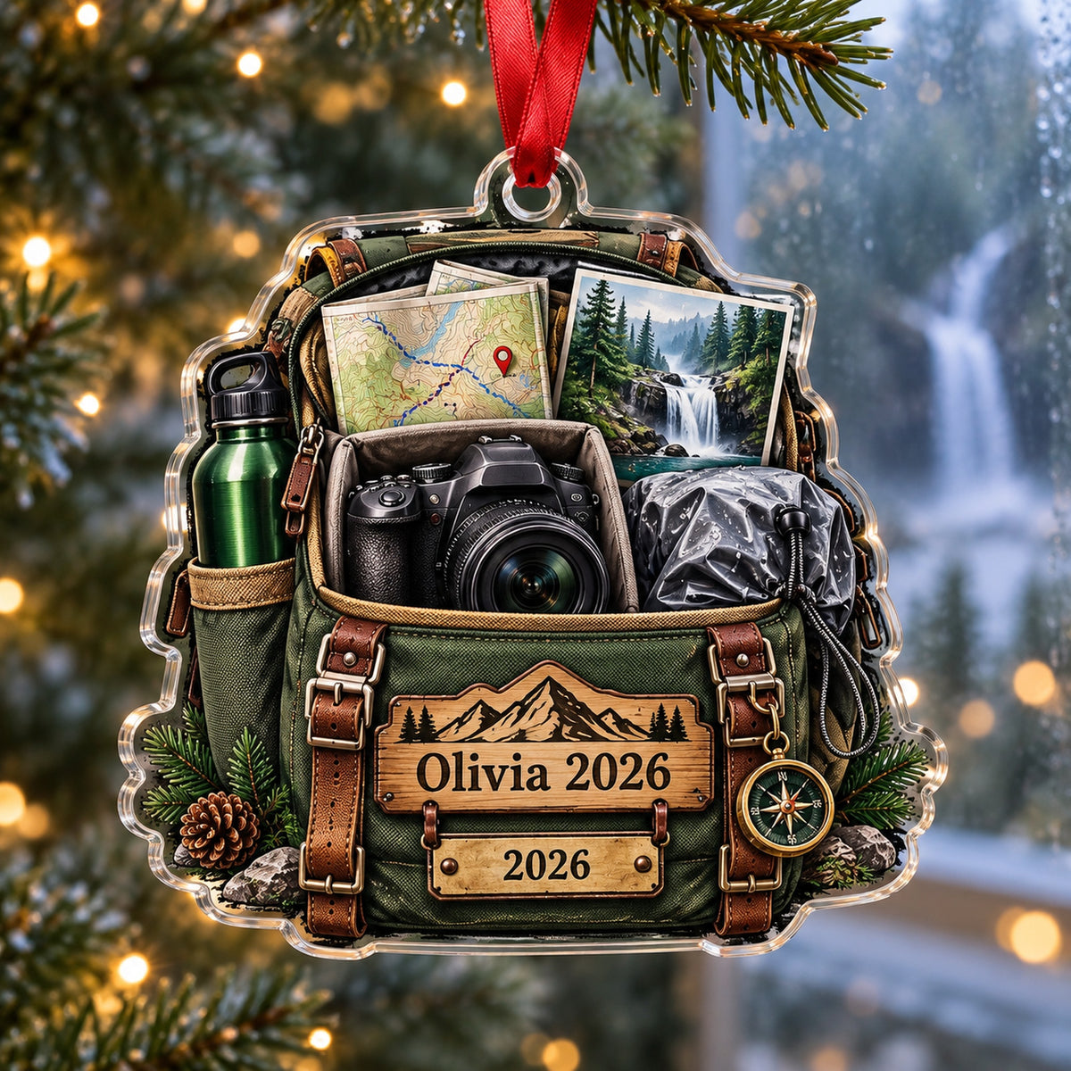 Personalized Waterfall Hike Camera Bag Acrylic Ornament — Main design