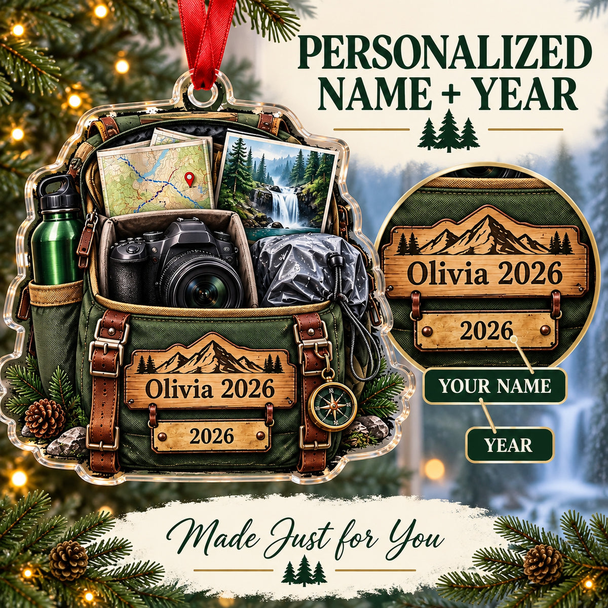 Personalized Waterfall Hike Camera Bag Acrylic Ornament — Personalization guide