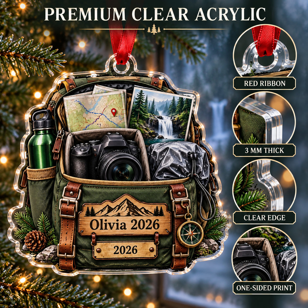 Personalized Waterfall Hike Camera Bag Acrylic Ornament — Flat acrylic material
