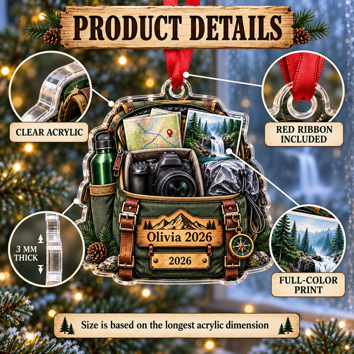 Personalized Waterfall Hike Camera Bag Acrylic Ornament — How to order