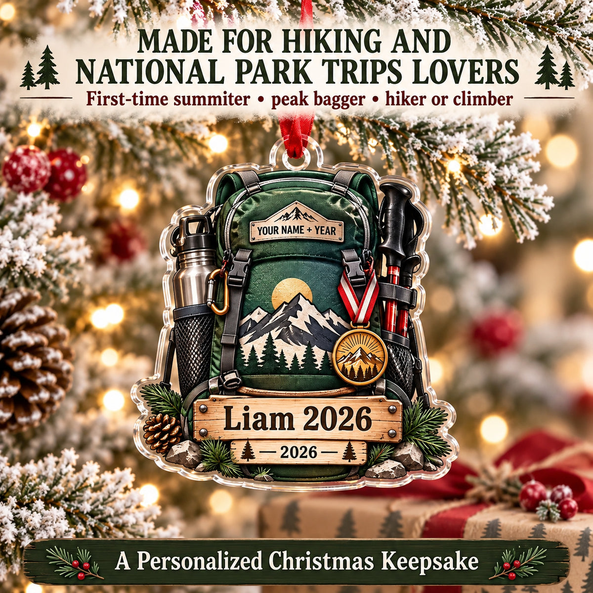 Personalized First Summit Medal Pack Acrylic Ornament — Size guide