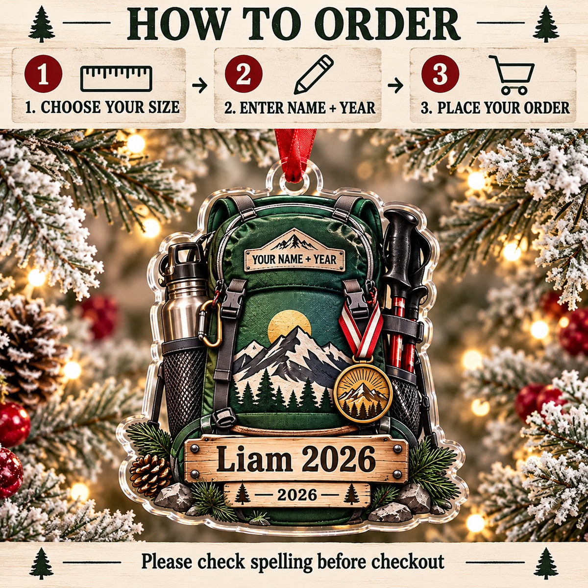 Personalized First Summit Medal Pack Acrylic Ornament — Product details
