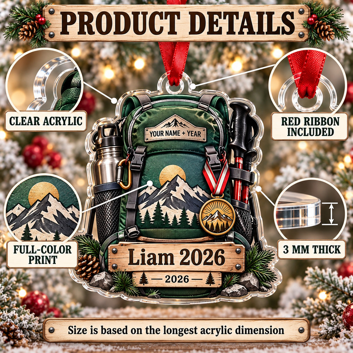 Personalized First Summit Medal Pack Acrylic Ornament — How to order