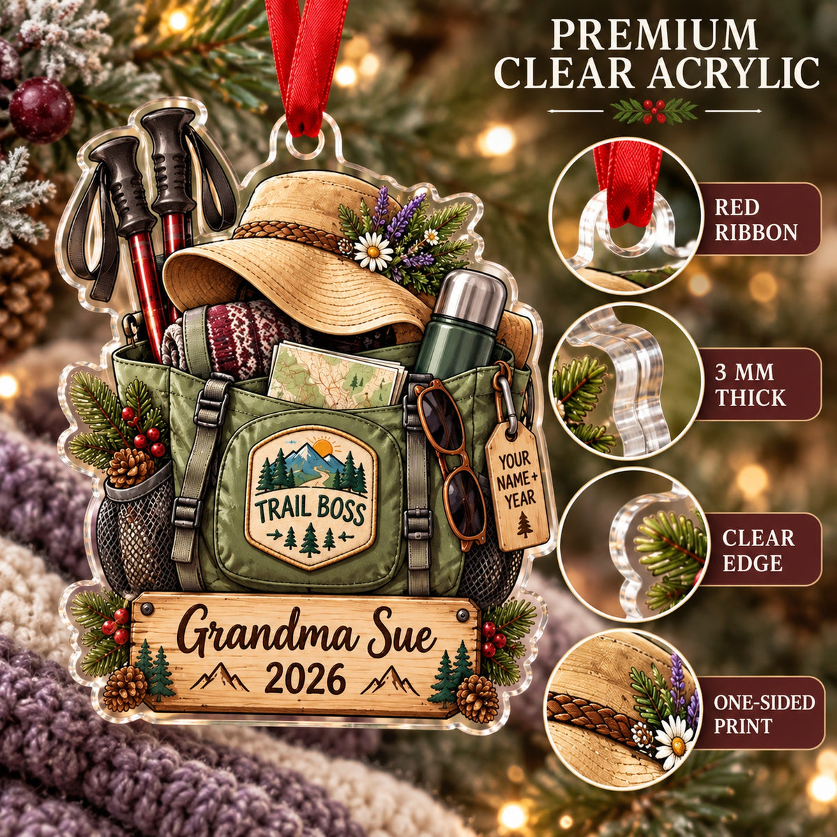 Personalized Grandma Trail Boss Tote Acrylic Ornament — Flat acrylic material