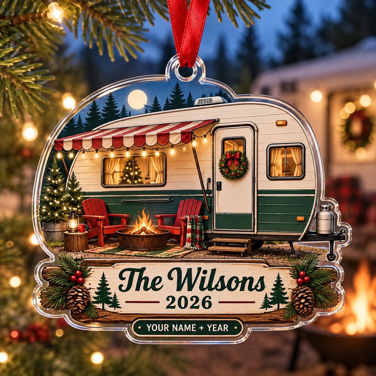 Personalized Vintage Travel Trailer Acrylic Ornament — Main design