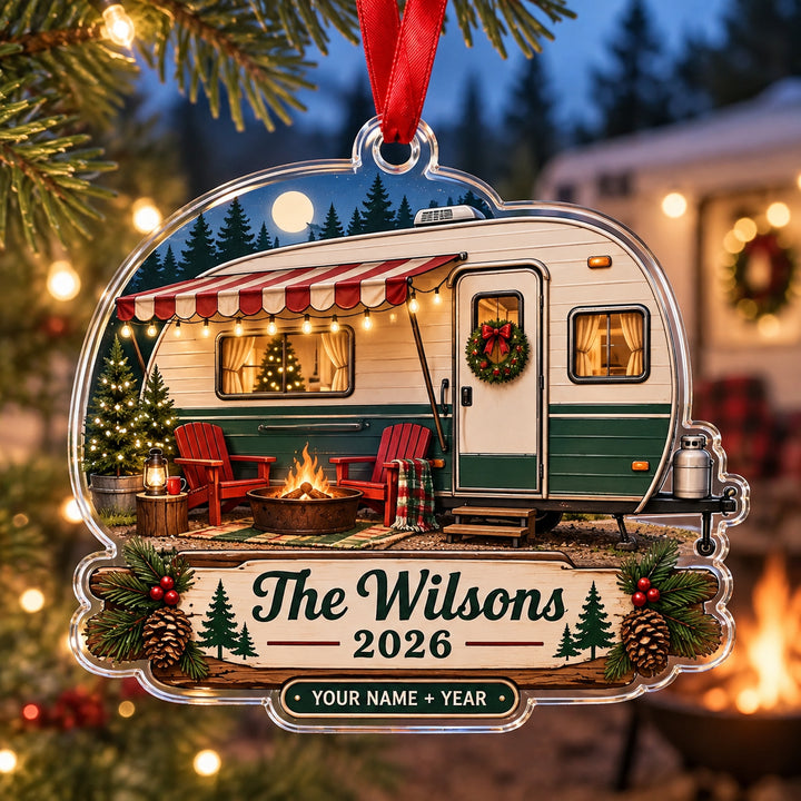 Personalized Vintage Travel Trailer Acrylic Ornament — Main design