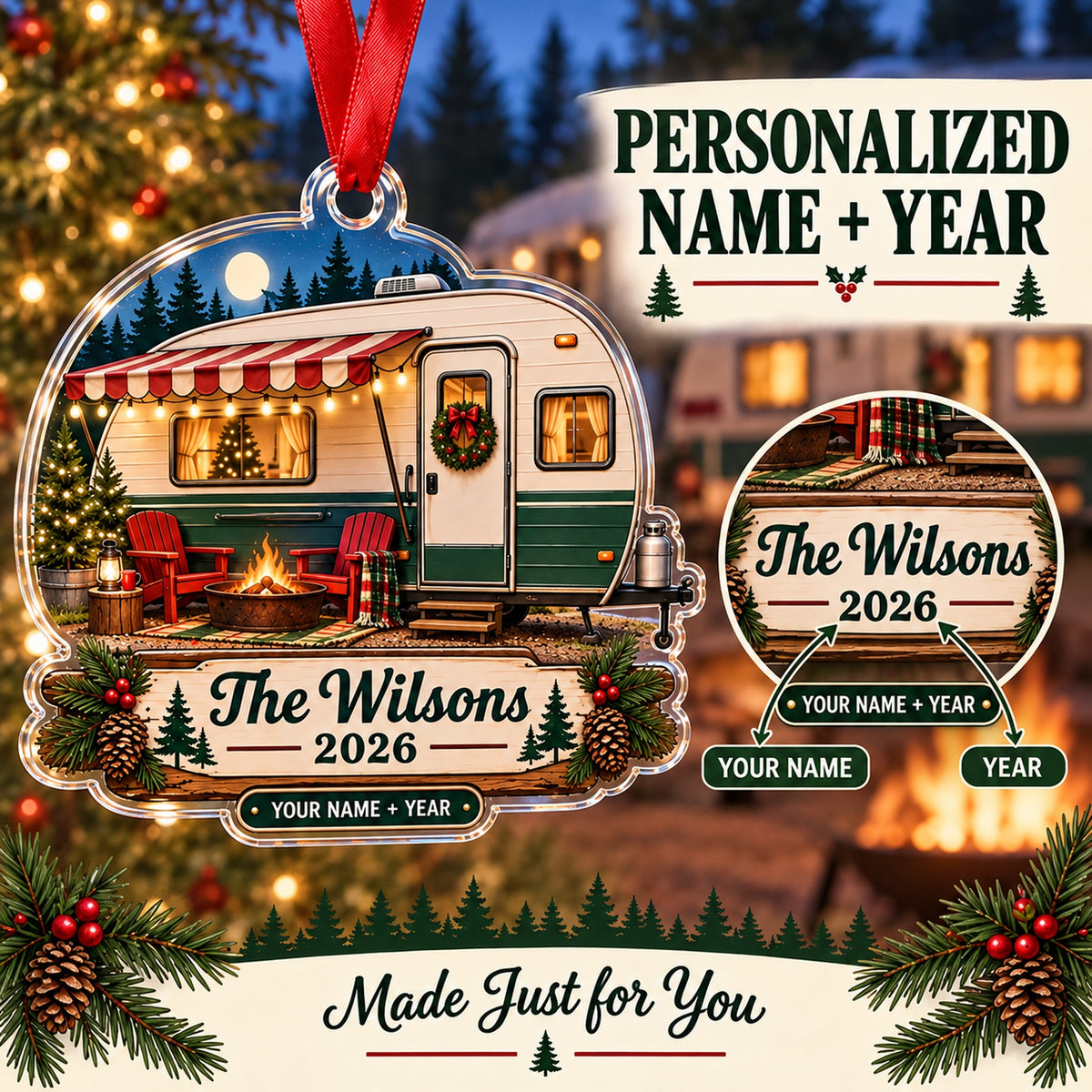 Personalized Vintage Travel Trailer Acrylic Ornament — Personalization guide