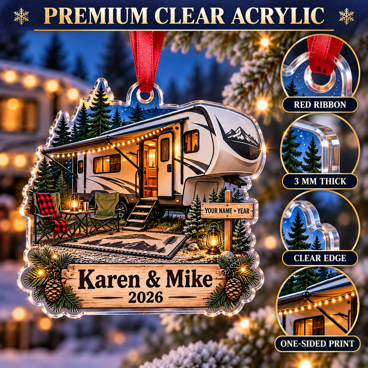 Personalized Fifth Wheel Camper Acrylic Ornament — Flat acrylic material