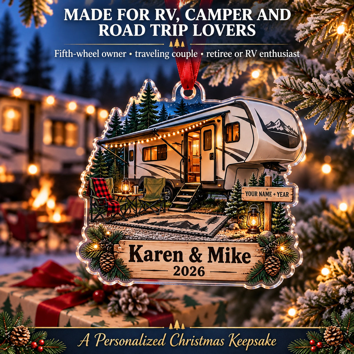 Personalized Fifth Wheel Camper Acrylic Ornament — Size guide