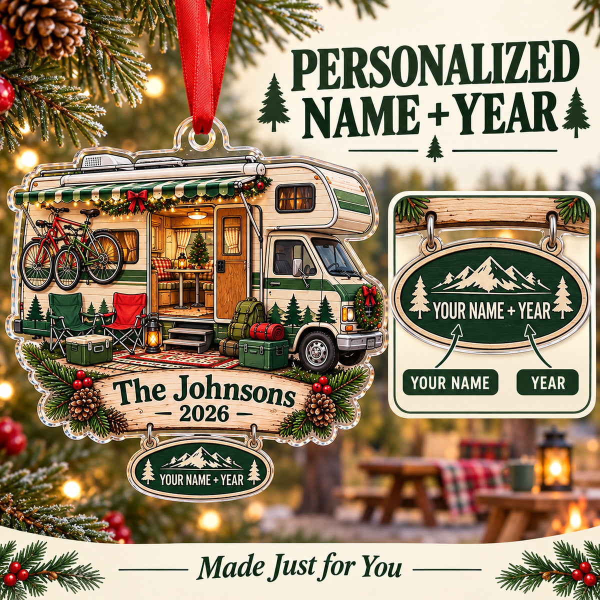 Personalized Class C Family Camper Acrylic Ornament — Personalization guide