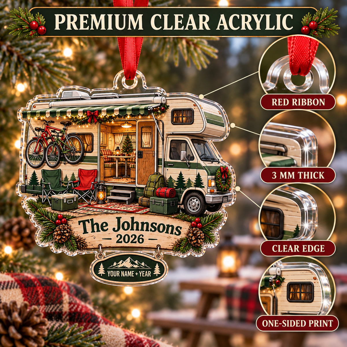Personalized Class C Family Camper Acrylic Ornament — Flat acrylic material