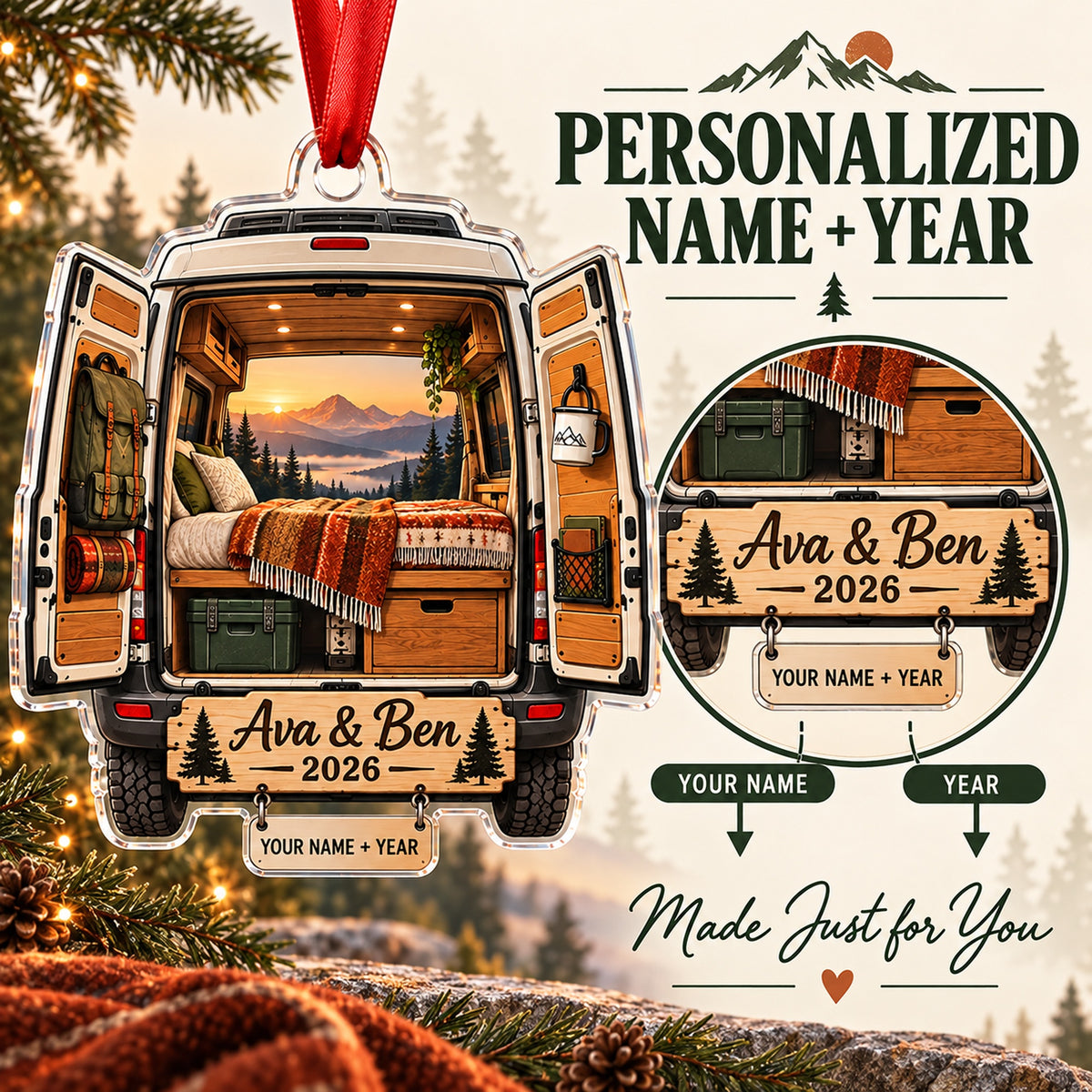 Personalized Camper Van Adventure Acrylic Ornament — Personalization guide