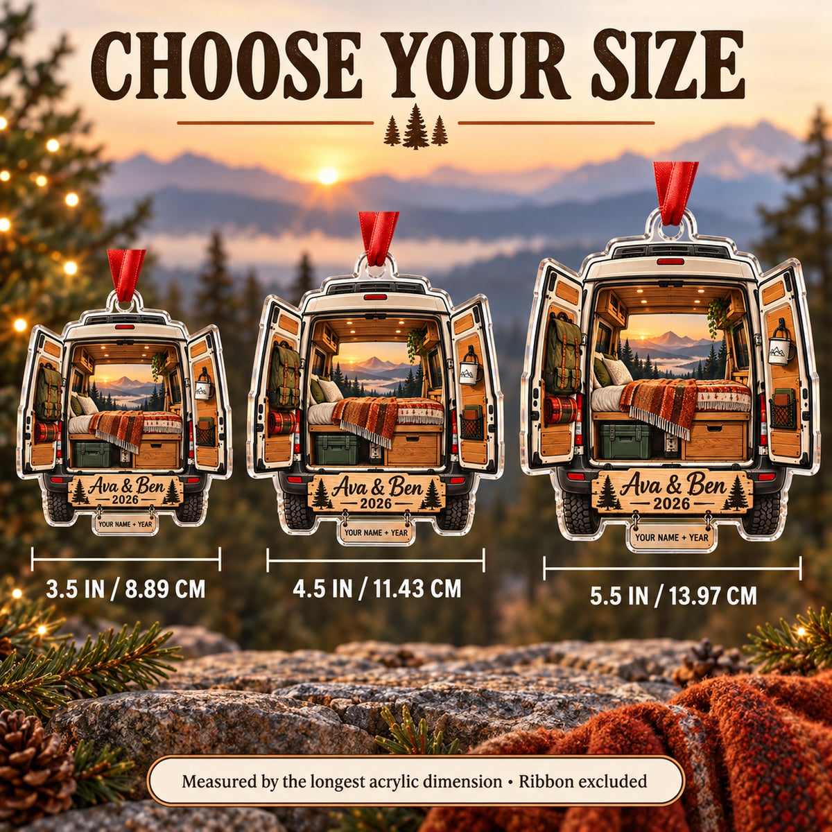 Personalized Camper Van Adventure Acrylic Ornament — Personalization example