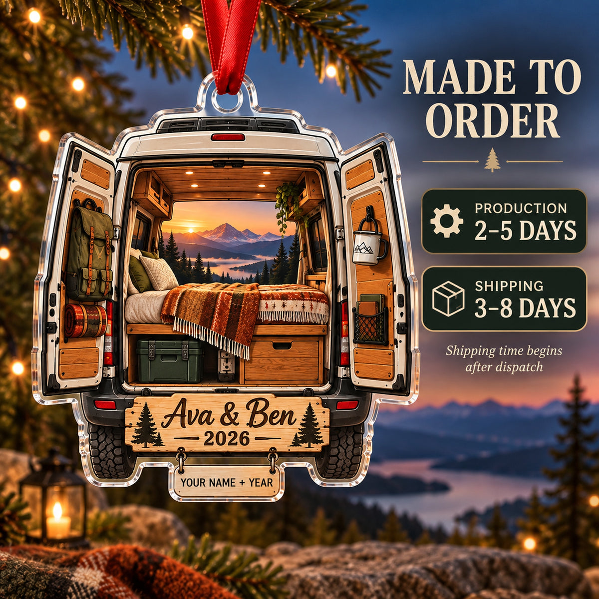 Personalized Camper Van Adventure Acrylic Ornament — Production and delivery