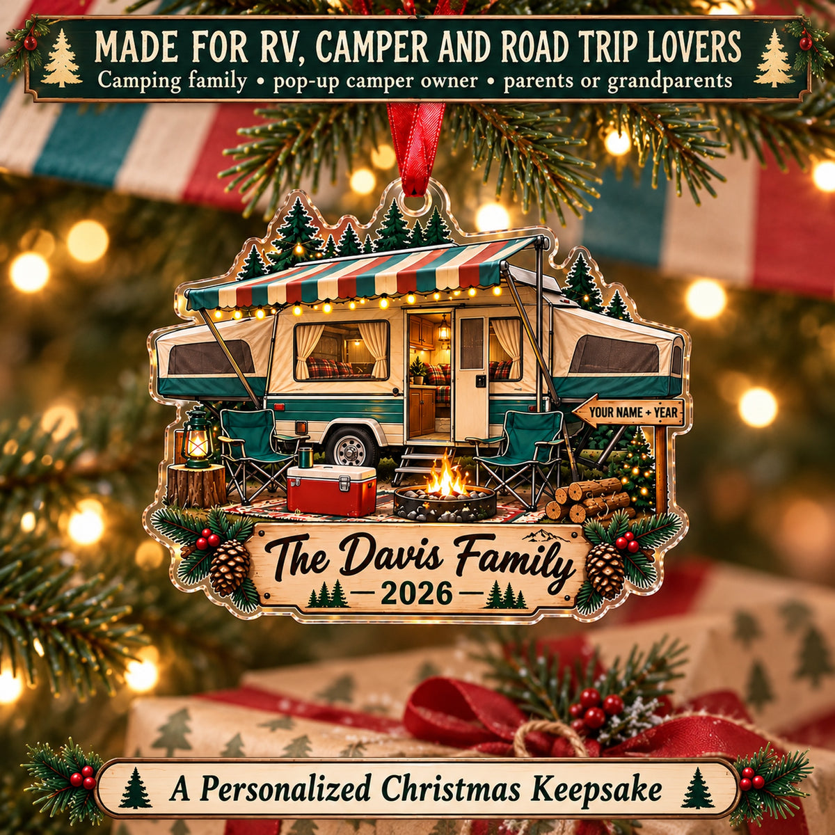 Personalized Pop Up Camper Weekend Acrylic Ornament — Size guide
