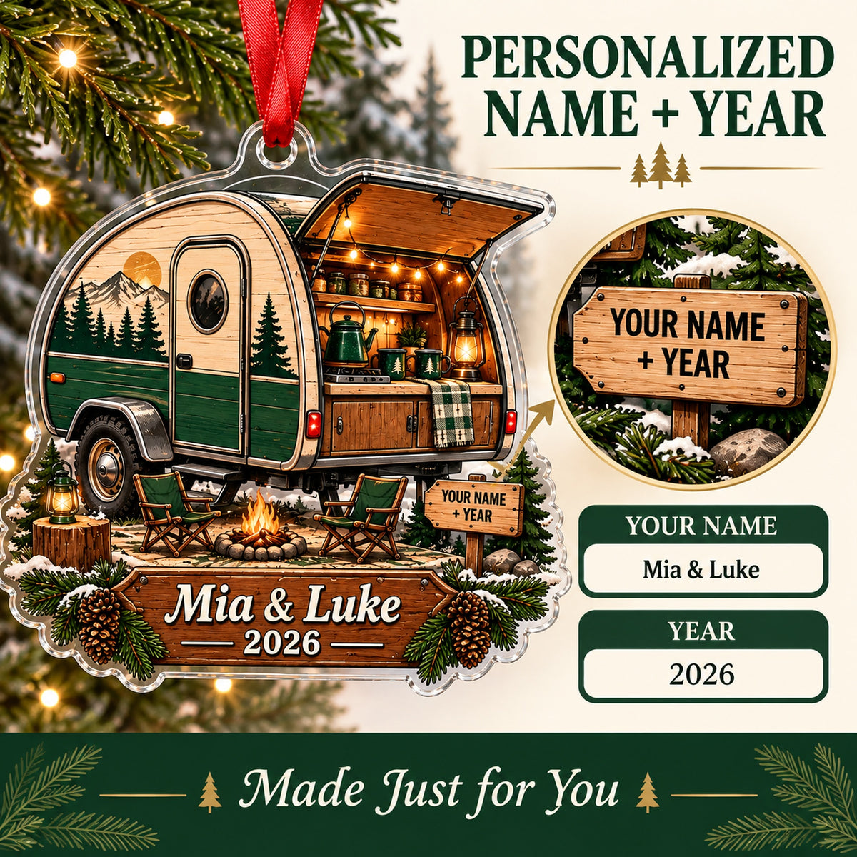 Personalized Teardrop Trailer Escape Acrylic Ornament — Personalization guide