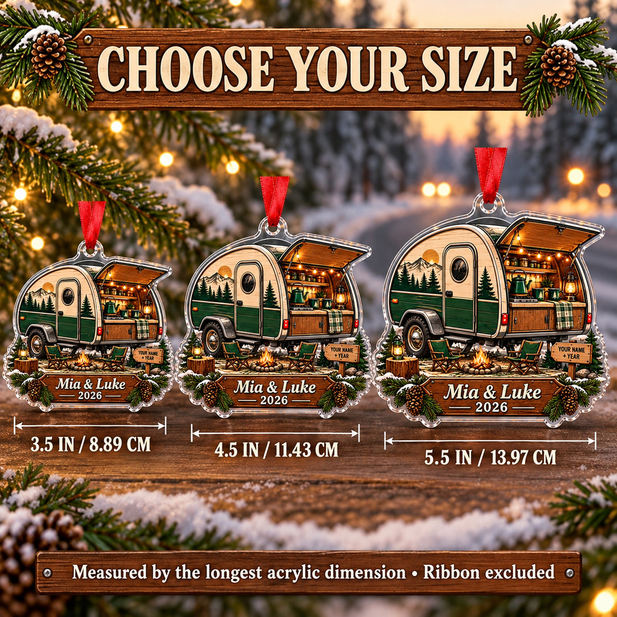 Personalized Teardrop Trailer Escape Acrylic Ornament — Personalization example