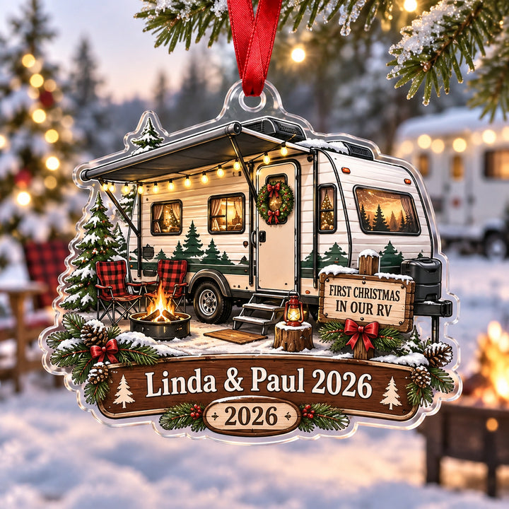 Personalized First Christmas in Our RV Acrylic Ornament — Main design