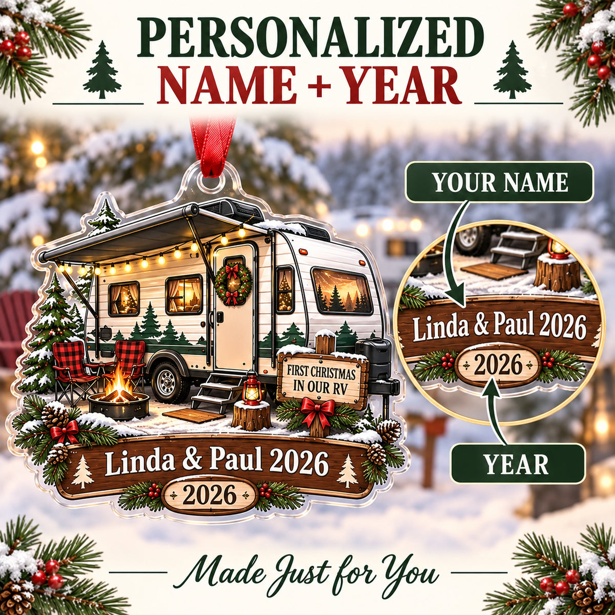 Personalized First Christmas in Our RV Acrylic Ornament — Personalization guide