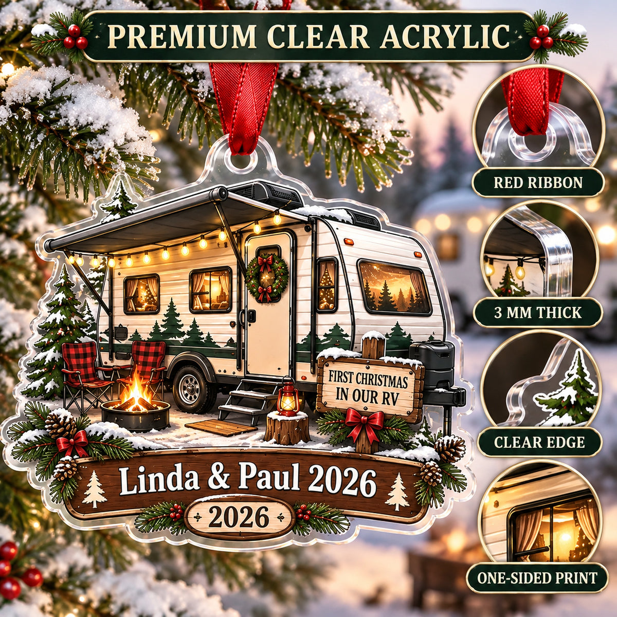 Personalized First Christmas in Our RV Acrylic Ornament — Flat acrylic material