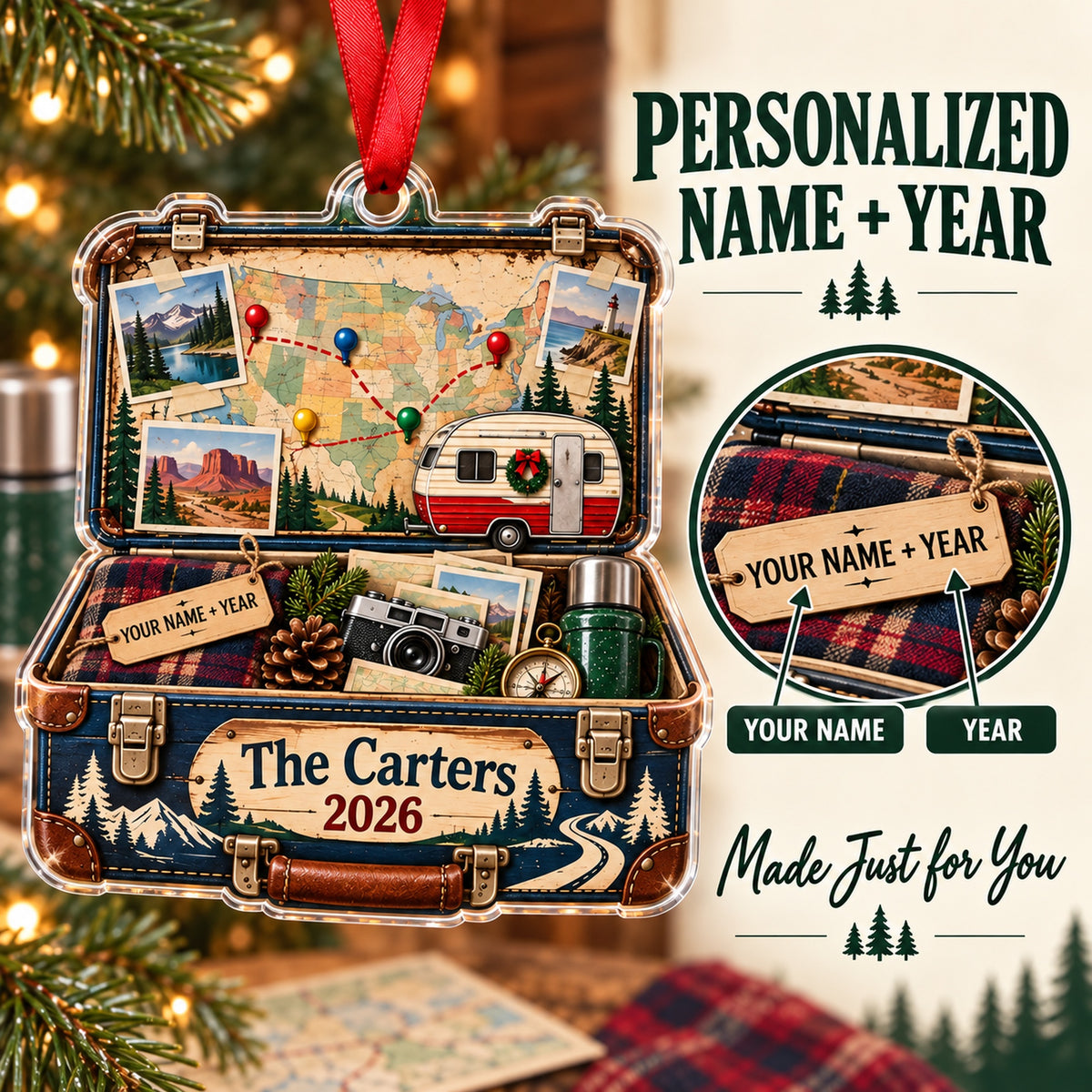 Personalized USA Road Trip Suitcase Acrylic Ornament — Personalization guide