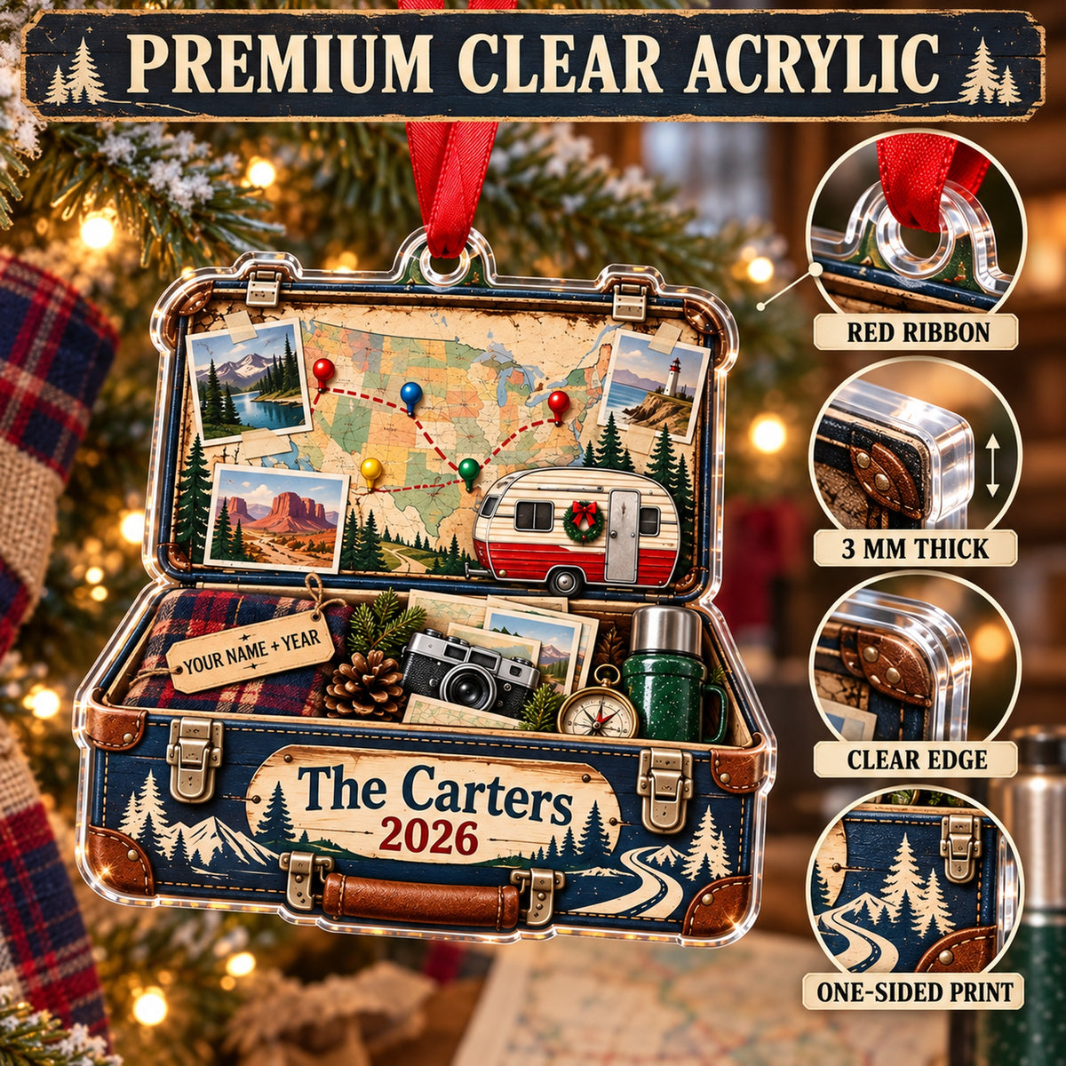 Personalized USA Road Trip Suitcase Acrylic Ornament — Flat acrylic material