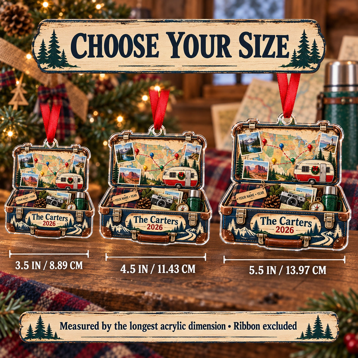 Personalized USA Road Trip Suitcase Acrylic Ornament — Personalization example
