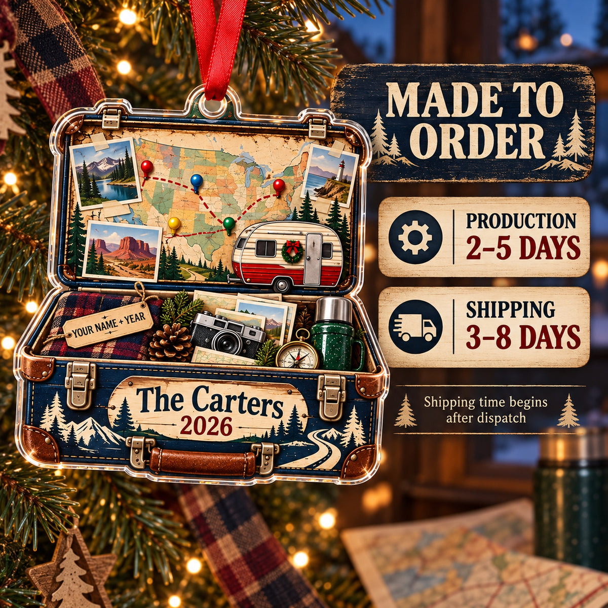 Personalized USA Road Trip Suitcase Acrylic Ornament — Production and delivery