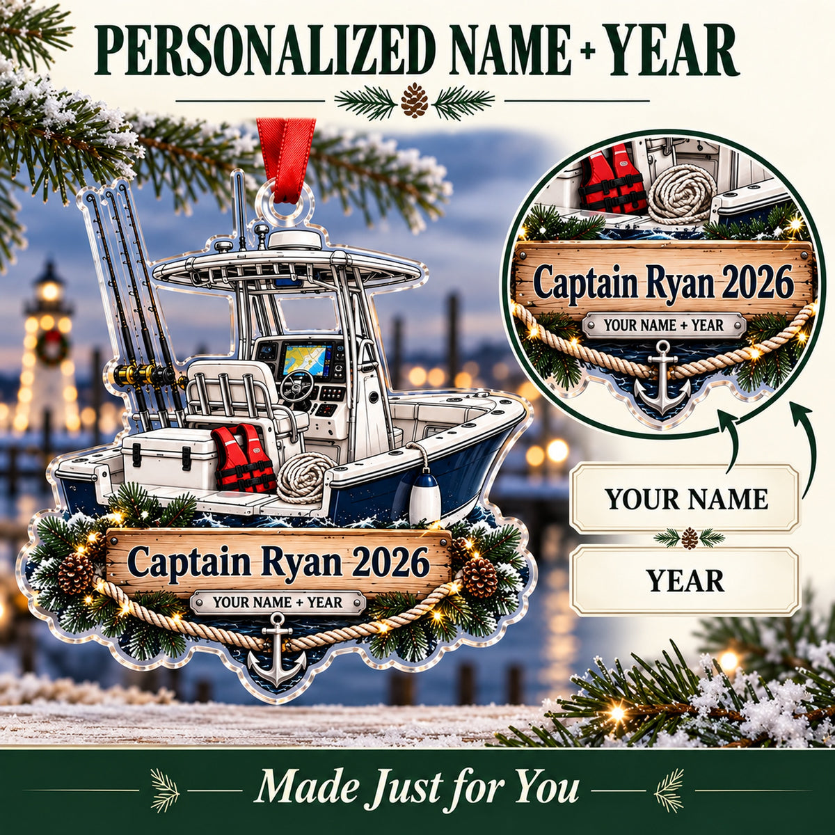 Personalized Center Console Captain Acrylic Ornament — Personalization guide