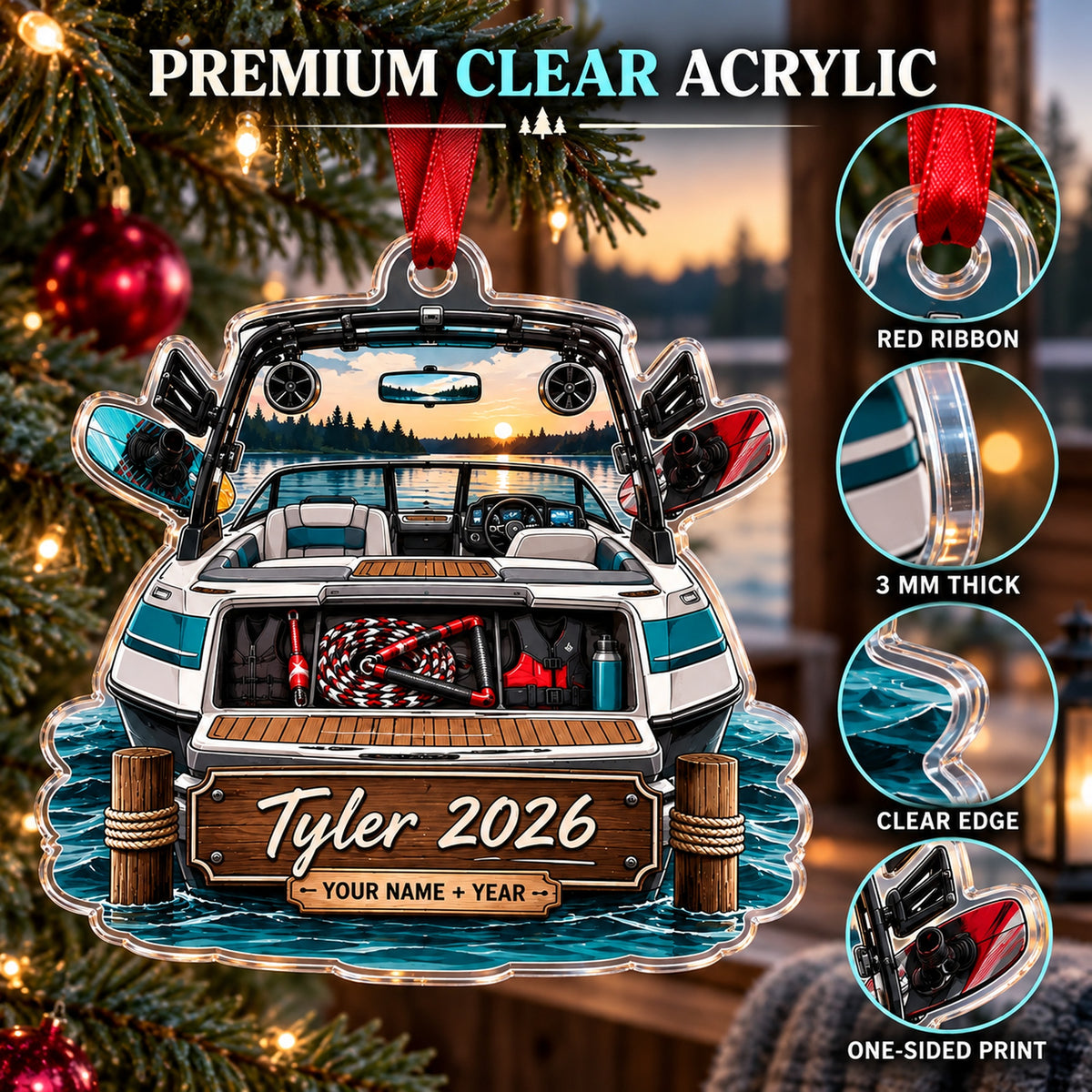 Personalized Wake Boat Weekend Acrylic Ornament — Flat acrylic material