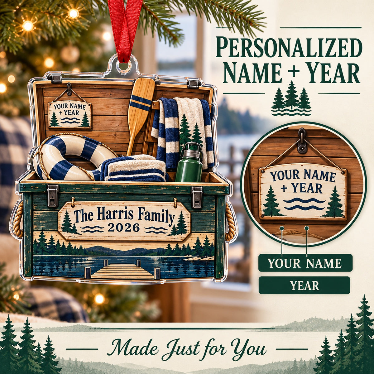 Personalized Lake House Dock Box Acrylic Ornament — Personalization guide