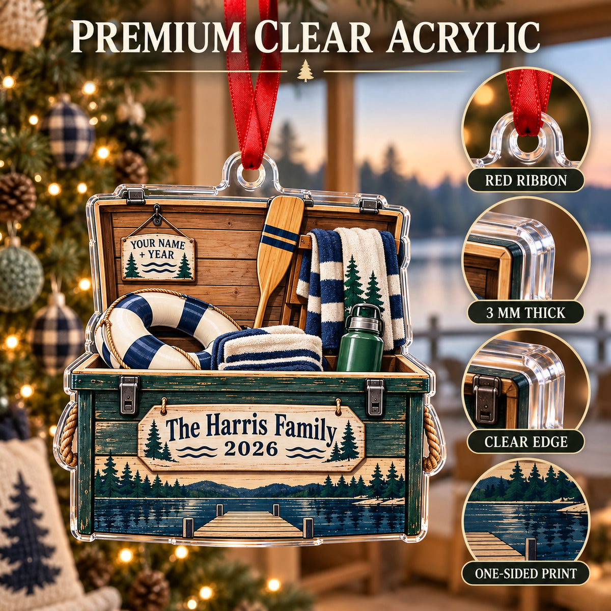 Personalized Lake House Dock Box Acrylic Ornament — Flat acrylic material