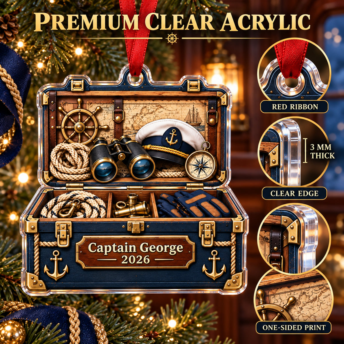 Personalized Captains Gear Chest Acrylic Ornament — Flat acrylic material