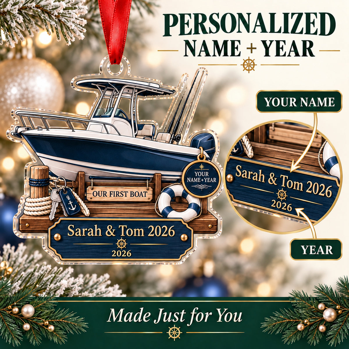 Personalized Our First Boat Acrylic Ornament — Personalization guide