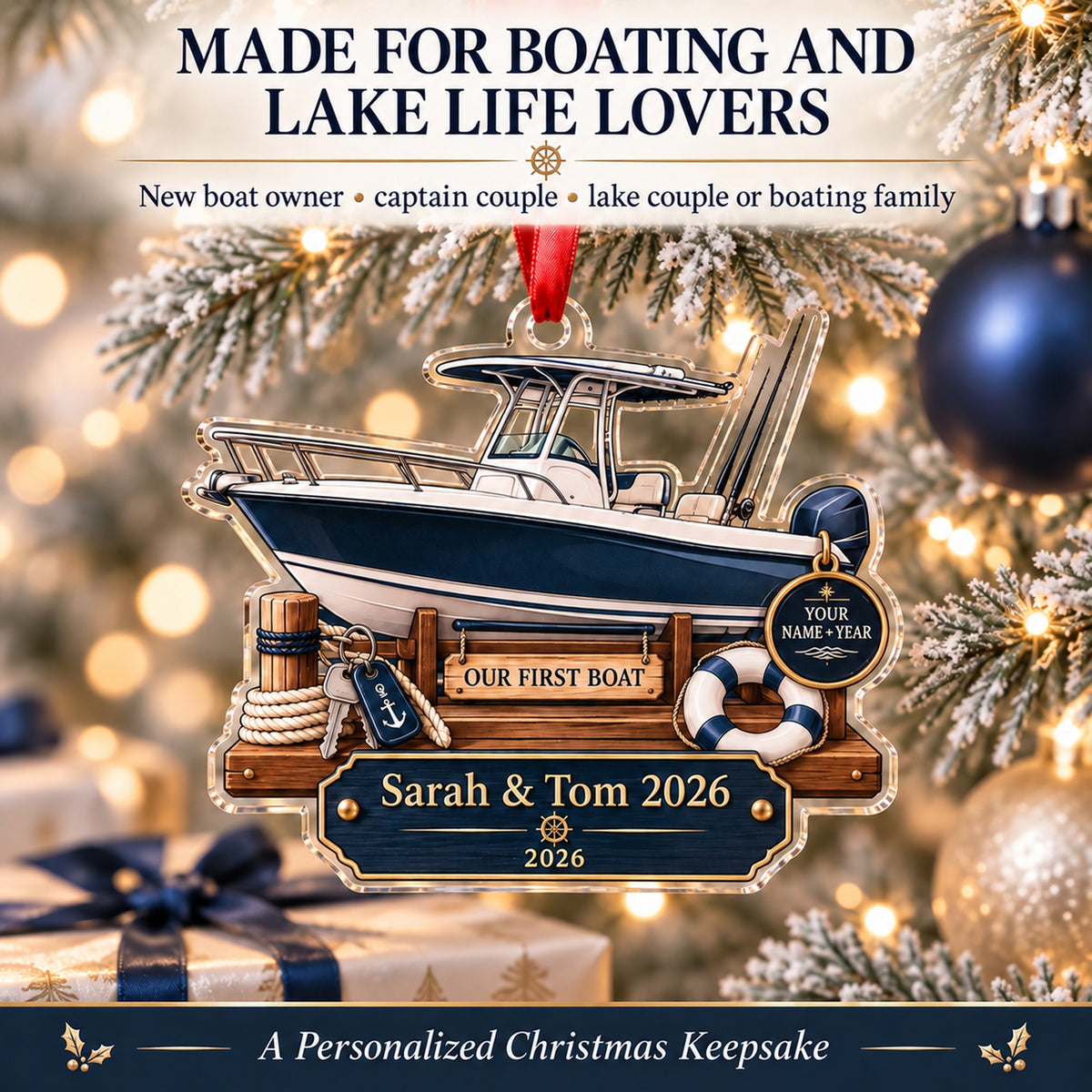 Personalized Our First Boat Acrylic Ornament — Size guide
