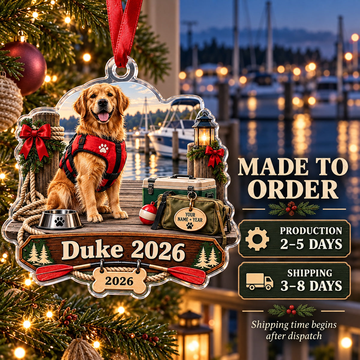 Personalized Boat Dog First Mate Acrylic Ornament — Production and delivery