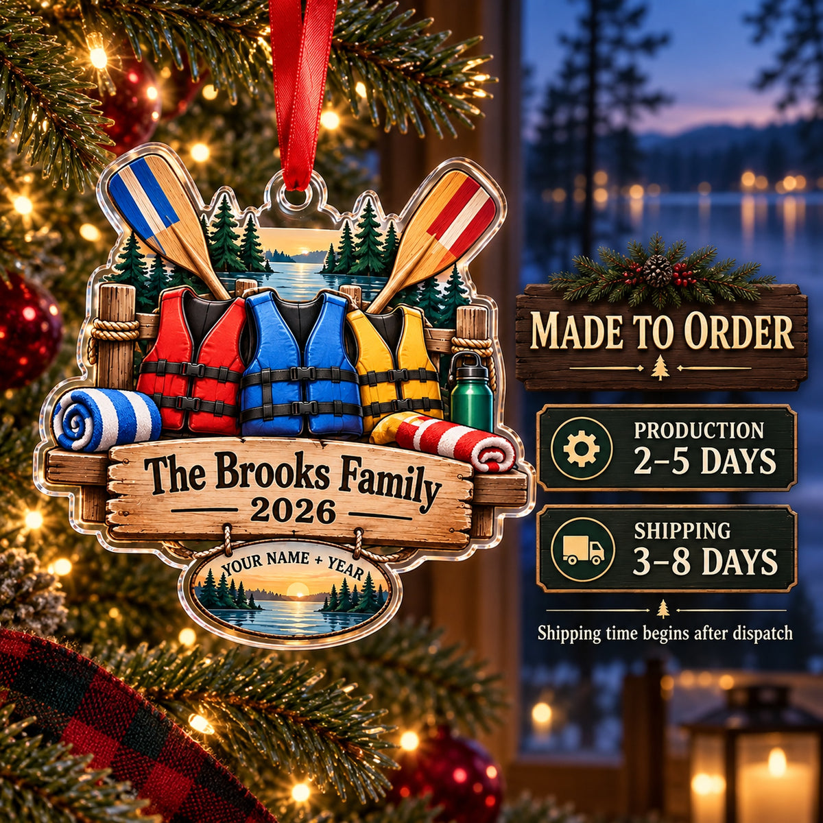 Personalized Family Lake Crew Acrylic Ornament — Production and delivery