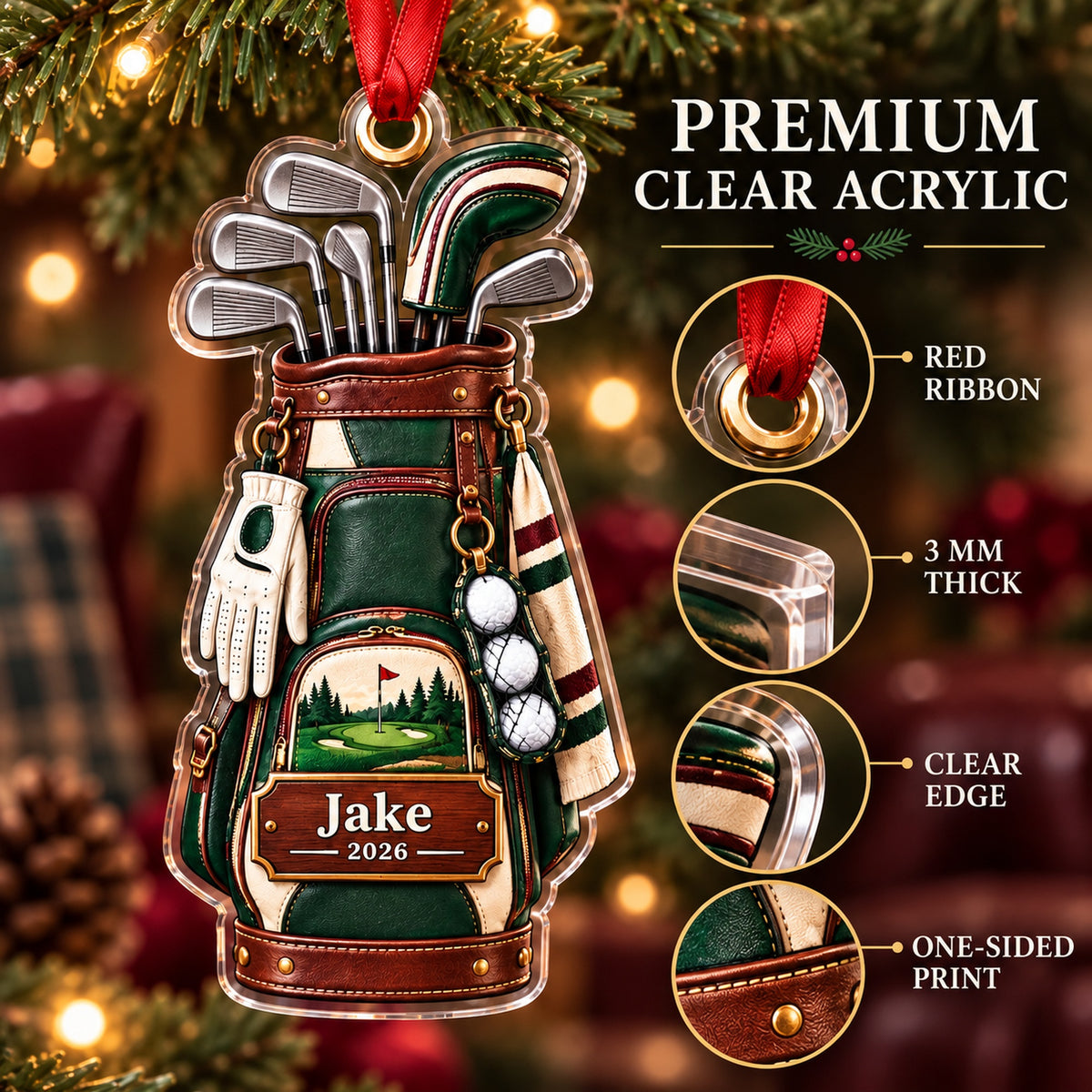 Personalized Classic Golf Bag and Irons Acrylic Ornament — Flat acrylic material