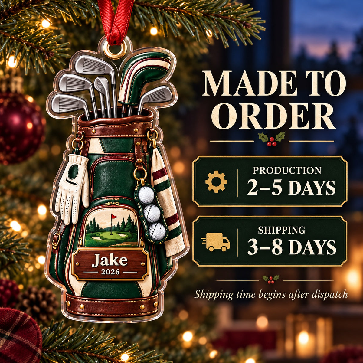 Personalized Classic Golf Bag and Irons Acrylic Ornament — Production and delivery